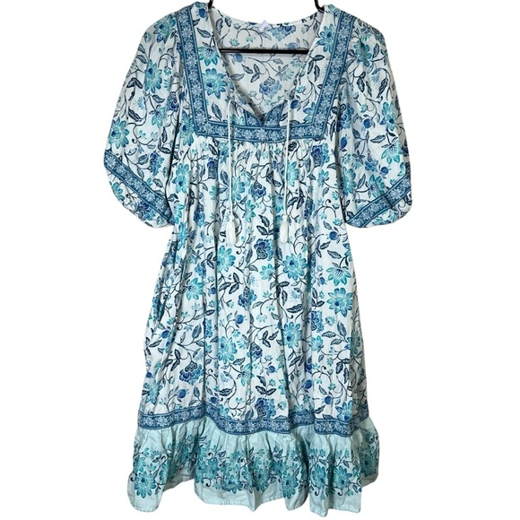 Puff-Sleeve Mini Swing Dress Boho Floral Mumu Pockets Cotton Old Navy Blue Sz L - Picture 3 of 8